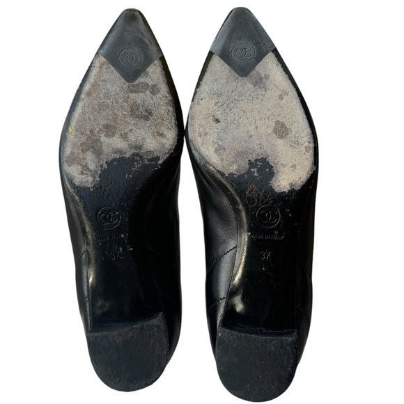 Chanel Interlocking CC Logo Black Quilted Leather Kitten Heel Flats, Size 37 - Picture 12 of 14